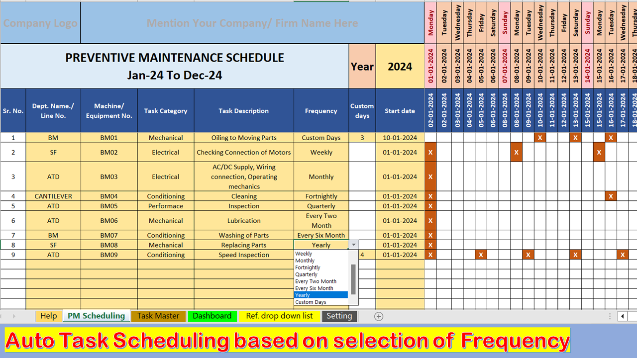 Excel Template Preventive Maintenance Scheduling with Dashboard