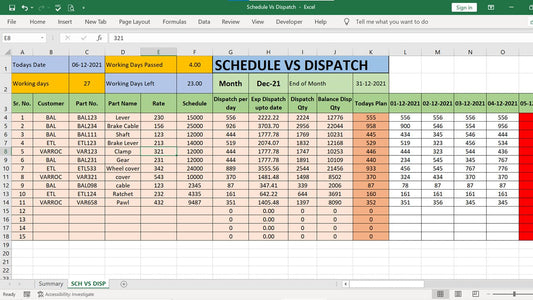 Excel template schedule vs dispatch data monitoring