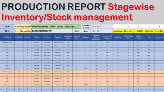 Excel template Production report with stage wise inventory management