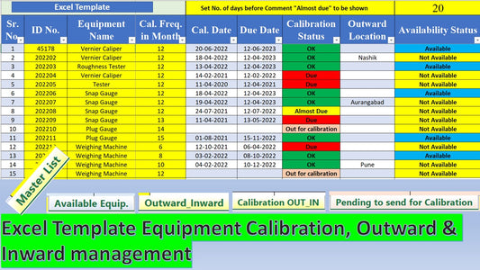 Excel Template equipment's calibration, inward & outward management